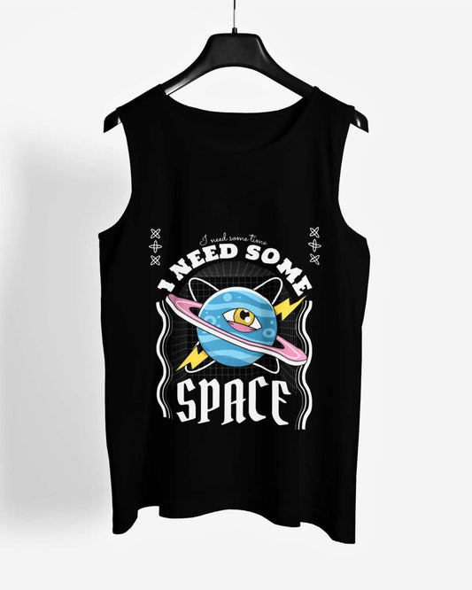 Space- Pure Cotton Graphic Printed Relaxed Fit Men's Vest (Black)