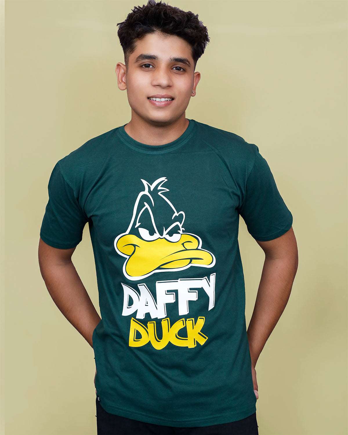 men standing and wearing a black daffy duck green mens tshirt
