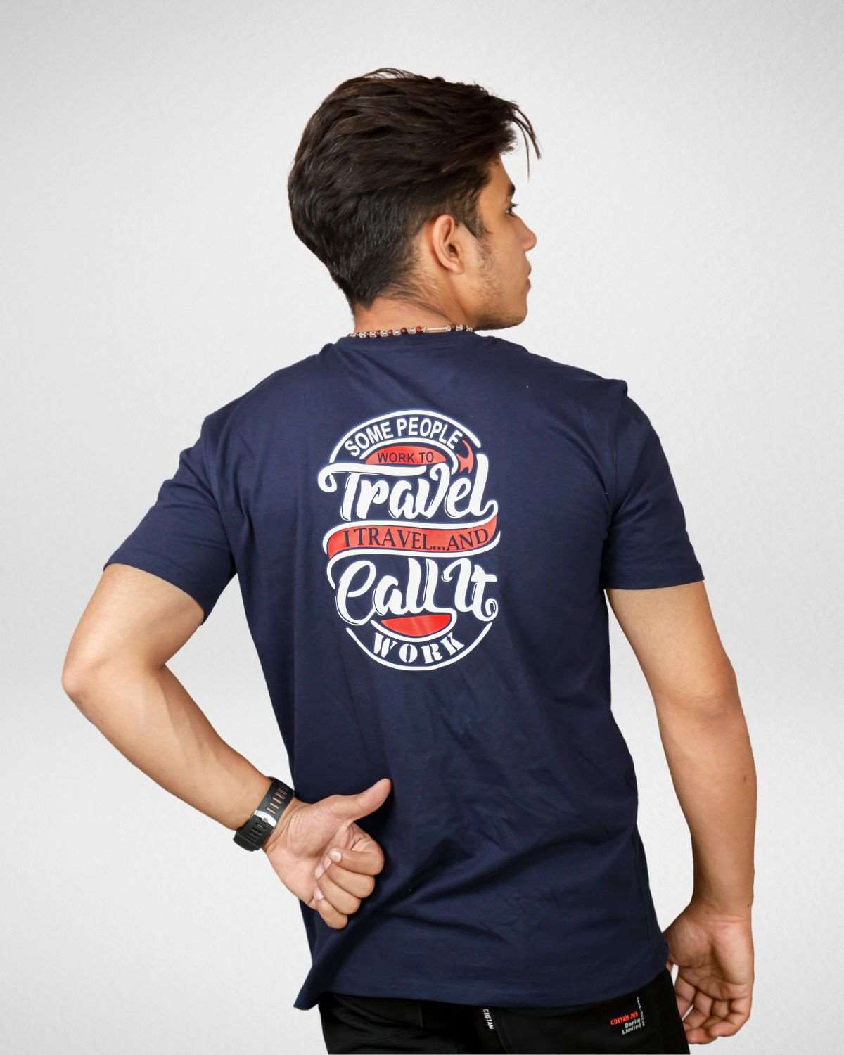 Travel Navy Blue Cotton Mens Tshirt - Front & Back Printed - Perfect for Travelling!