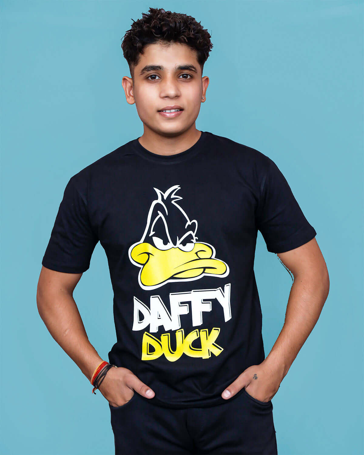 men standing and wearing a black daffy duck black mens tshirt